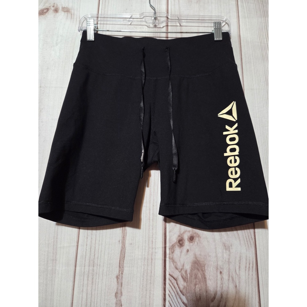 Reebok Womens Black High Waisted Bike Shorts Logo Drawstring Size M